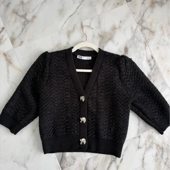 Zara Textured Cropped Cardigan Sweater – Black Puff Sleeve – Silver Buttons – M - Picture 8 of 8
